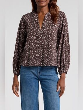 Madewell v neck long sleeve cotton blend top. large. Black &brown.